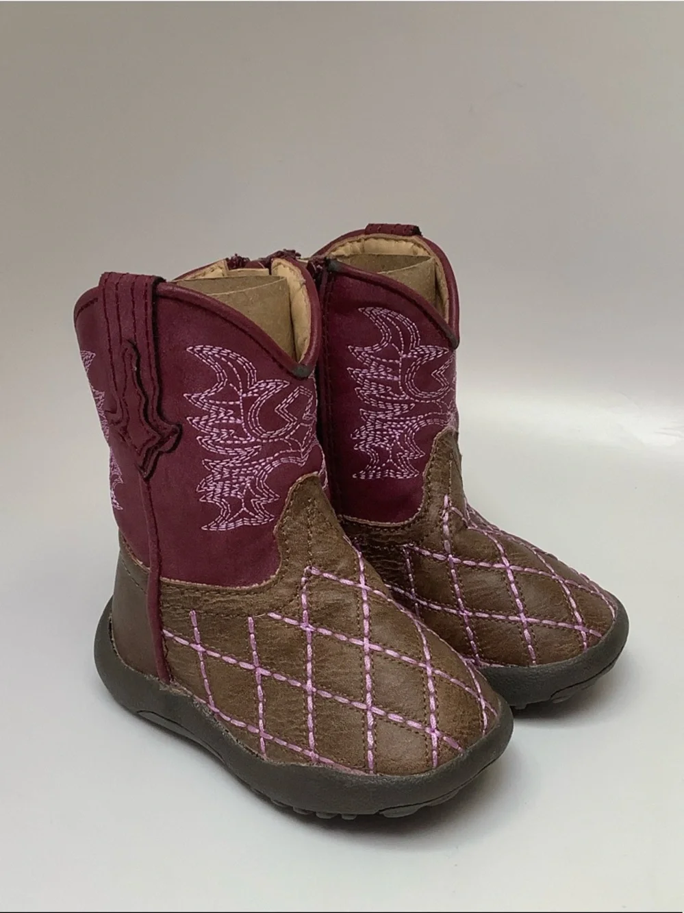 Roper Cowbabies Brown Burgundy Western-Style Boots Pink Stitching Baby Size 3